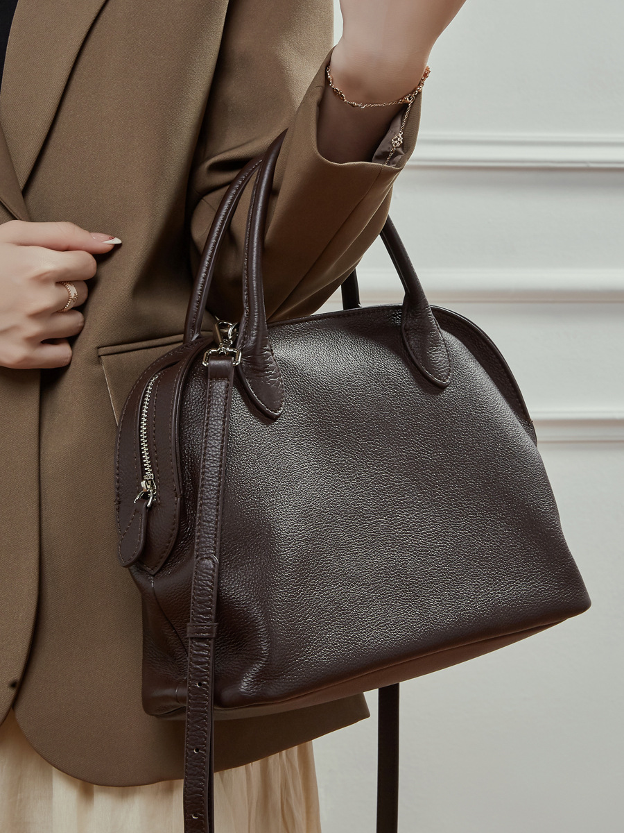 YY-BAG-011 cowhide vintage shell top-handle bag in light grey — wholesale old-money style bag YANYAN