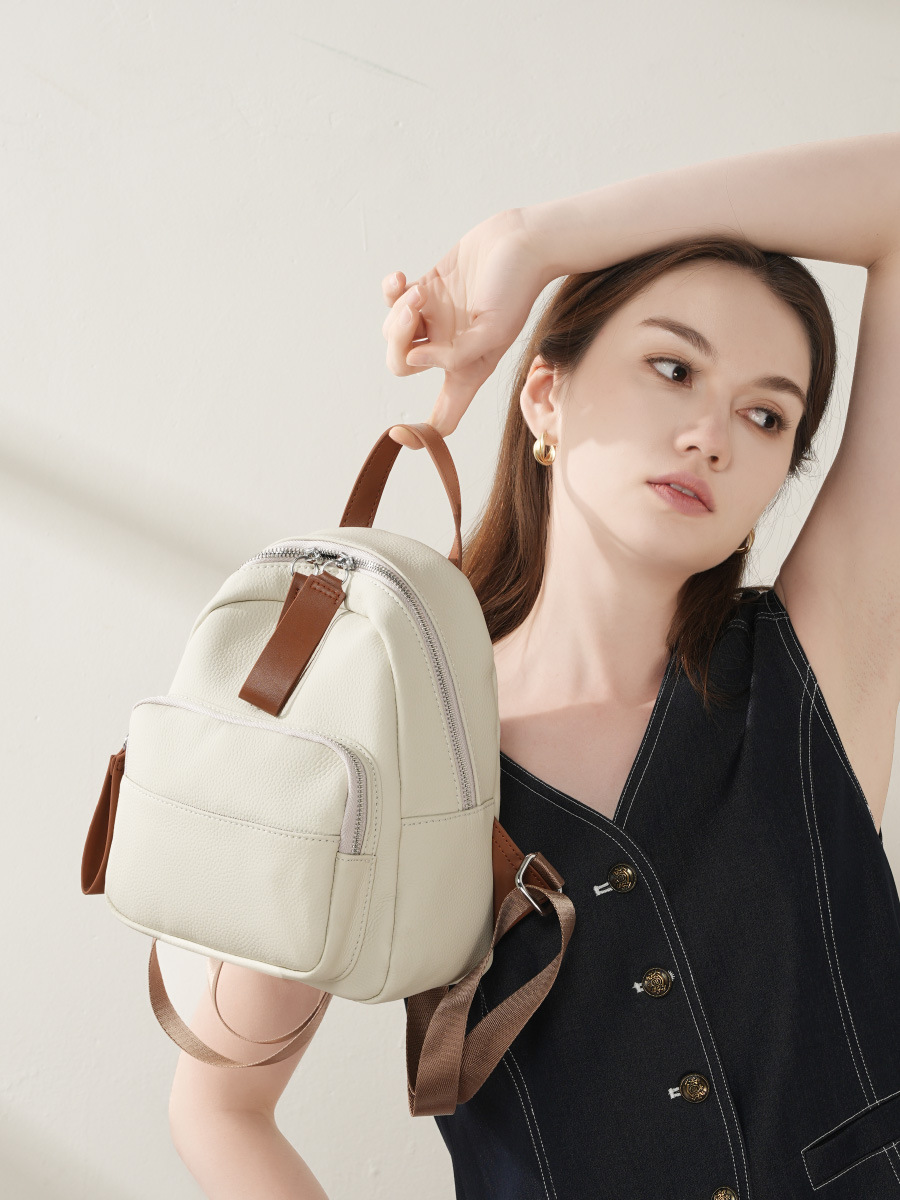 YY-BPK-004 compact cowhide women's backpack in milky white — wholesale leather city backpack YANYAN