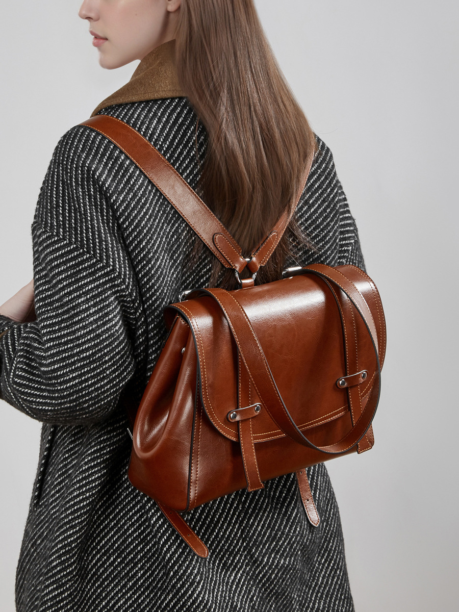 YY-BPK-005 oil-wax cowhide multi-wear convertible backpack in coffee — wholesale leather backpack YANYAN