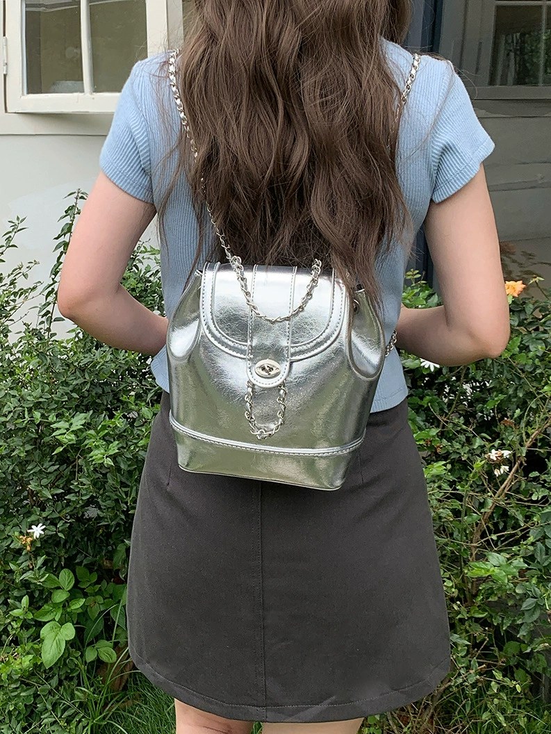 Silver PU Leather Backpack view 2