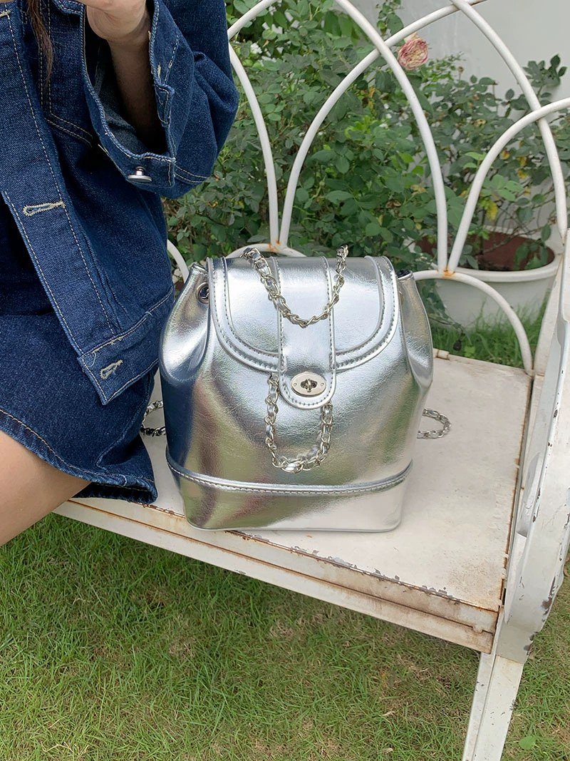 Silver PU Leather Backpack view 3