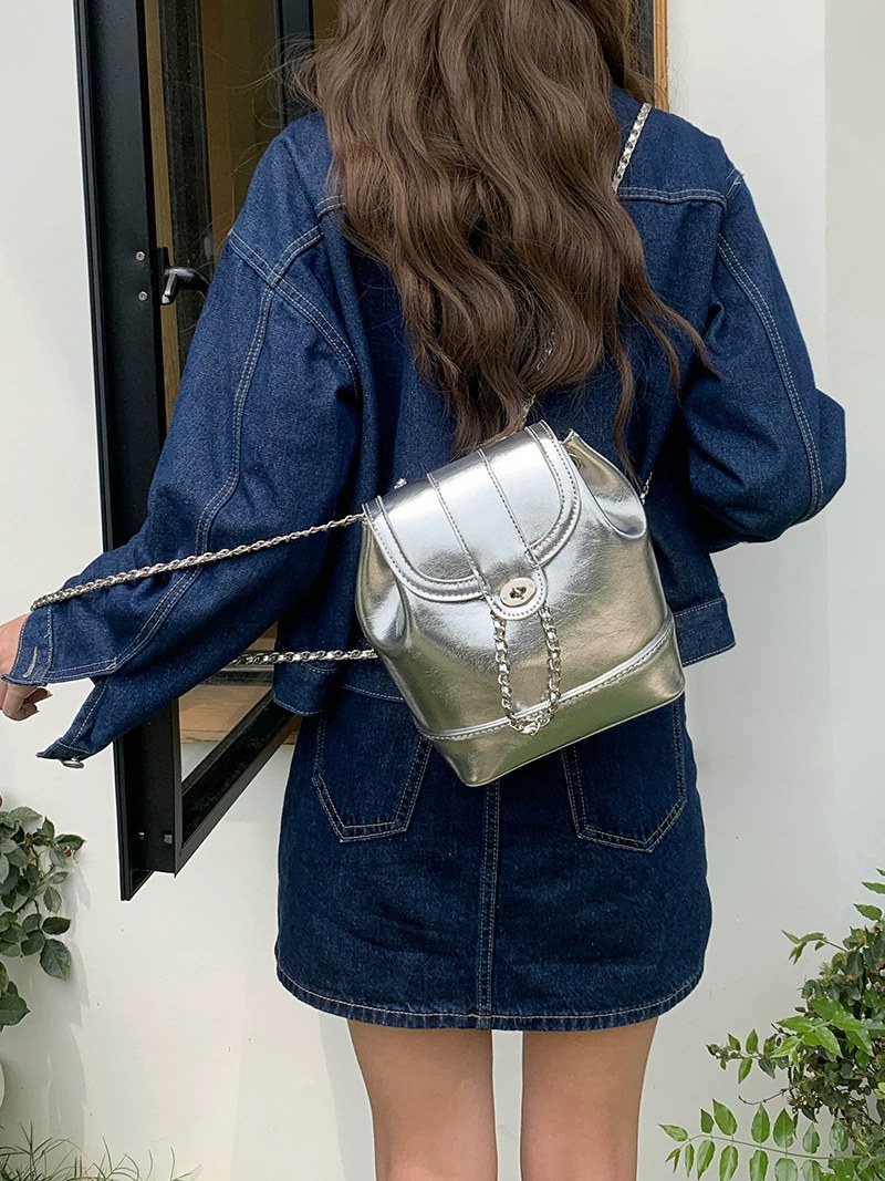 Silver PU Leather Backpack view 4
