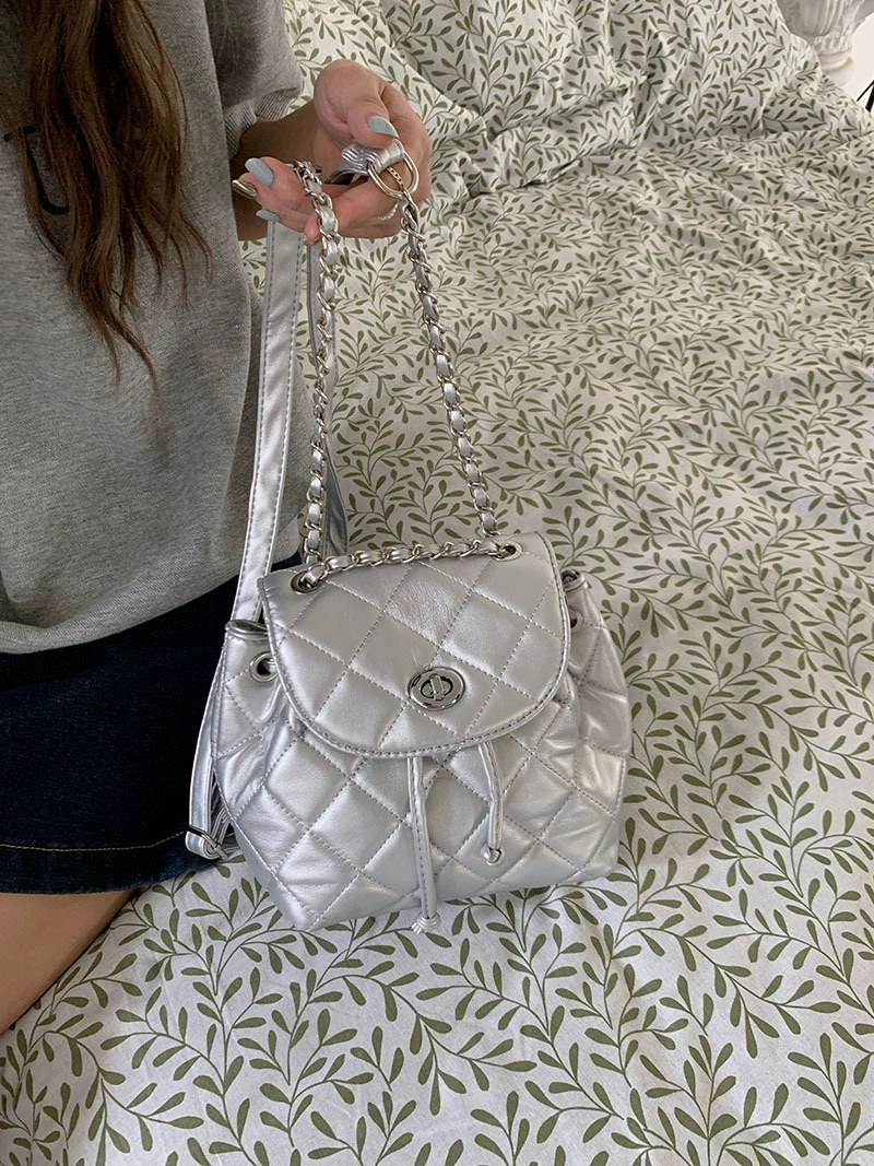Silver PU Leather Backpack view 3