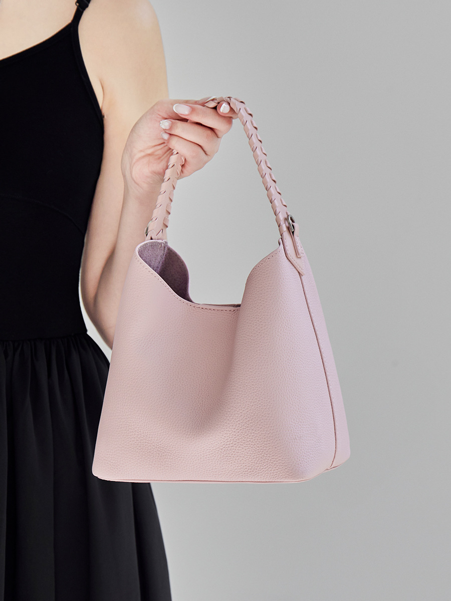 YY-BUC-006 cowhide trapezoid bucket bag in pink — wholesale designer bucket bag manufacturer YANYAN
