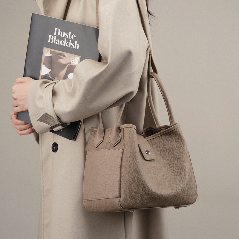 YY-BUC-007 soft cowhide basket bucket bag in elephant grey — wholesale designer bucket bag manufacturer YANYAN