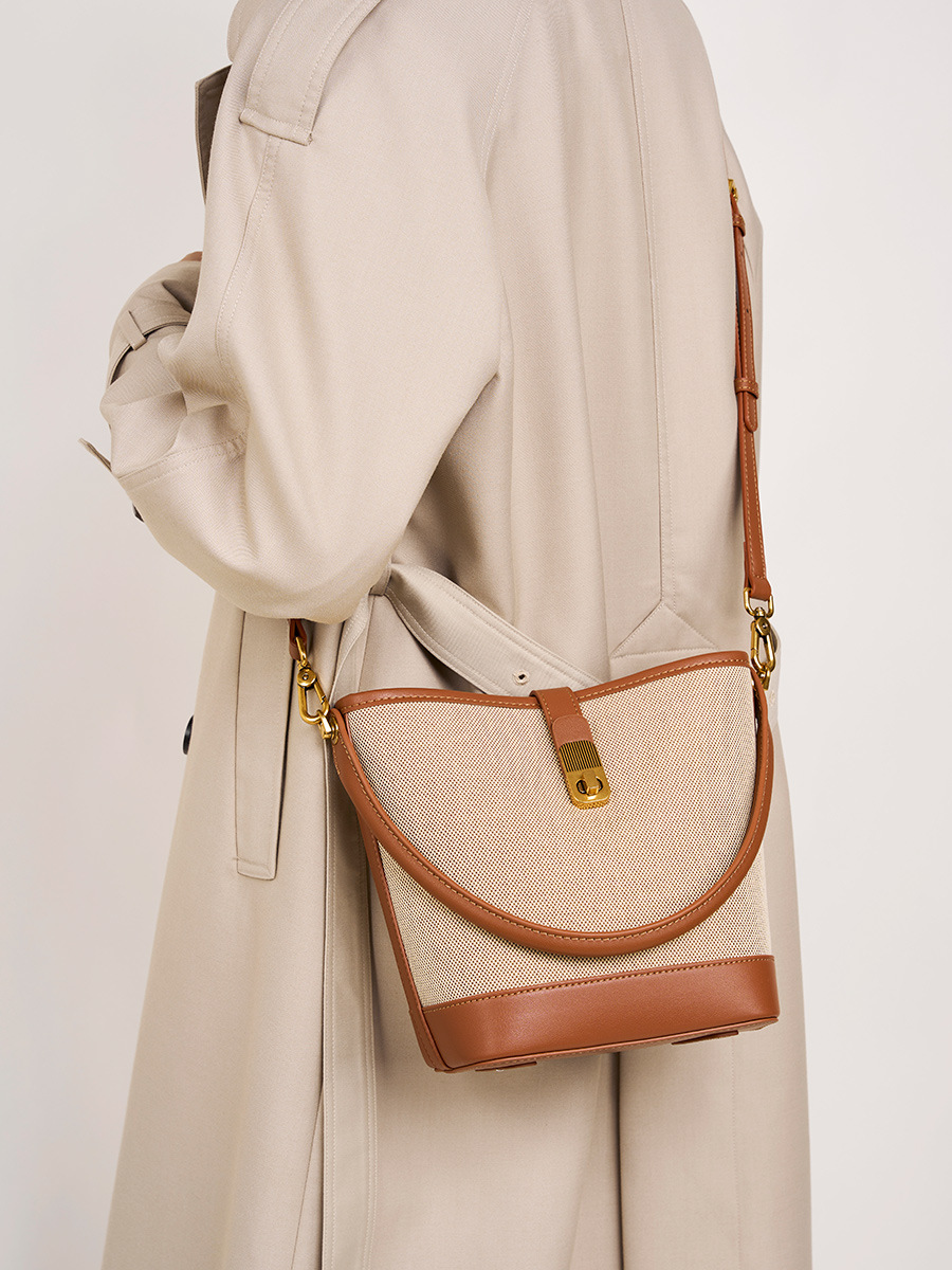 YY-BUC-013 cowhide woven-trim bucket bag in beige and brown — wholesale designer bucket bag YANYAN