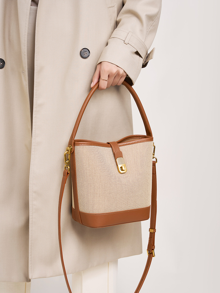 Cowhide Woven-Trim Bucket Bag — Designer Two-Tone view 2