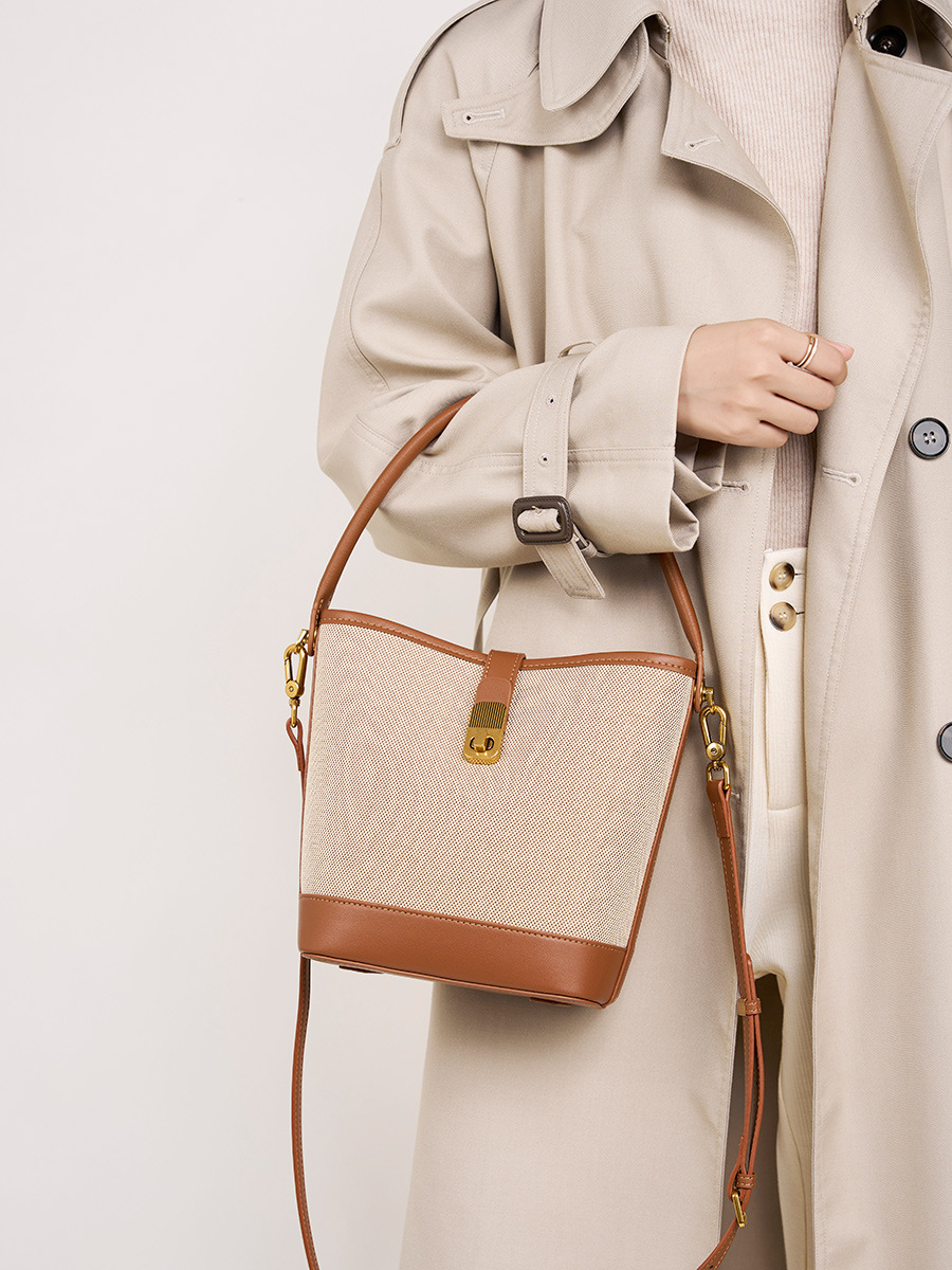 Cowhide Woven-Trim Bucket Bag — Designer Two-Tone view 3