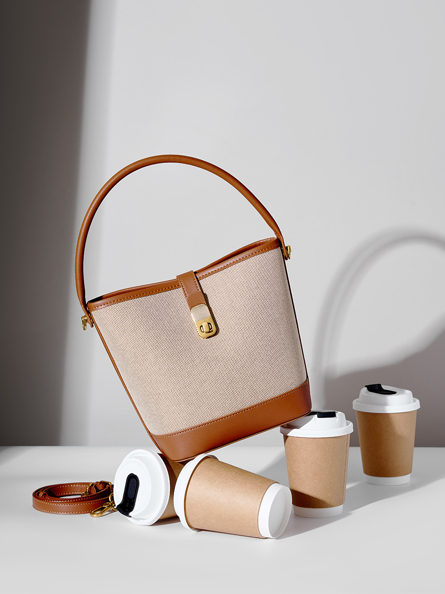 Cowhide Woven-Trim Bucket Bag — Designer Two-Tone view 4