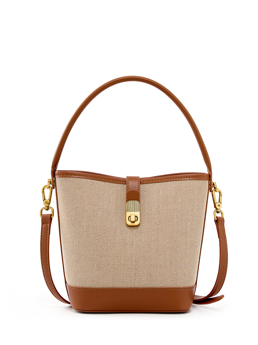 Cowhide Woven-Trim Bucket Bag — Designer Two-Tone view 5