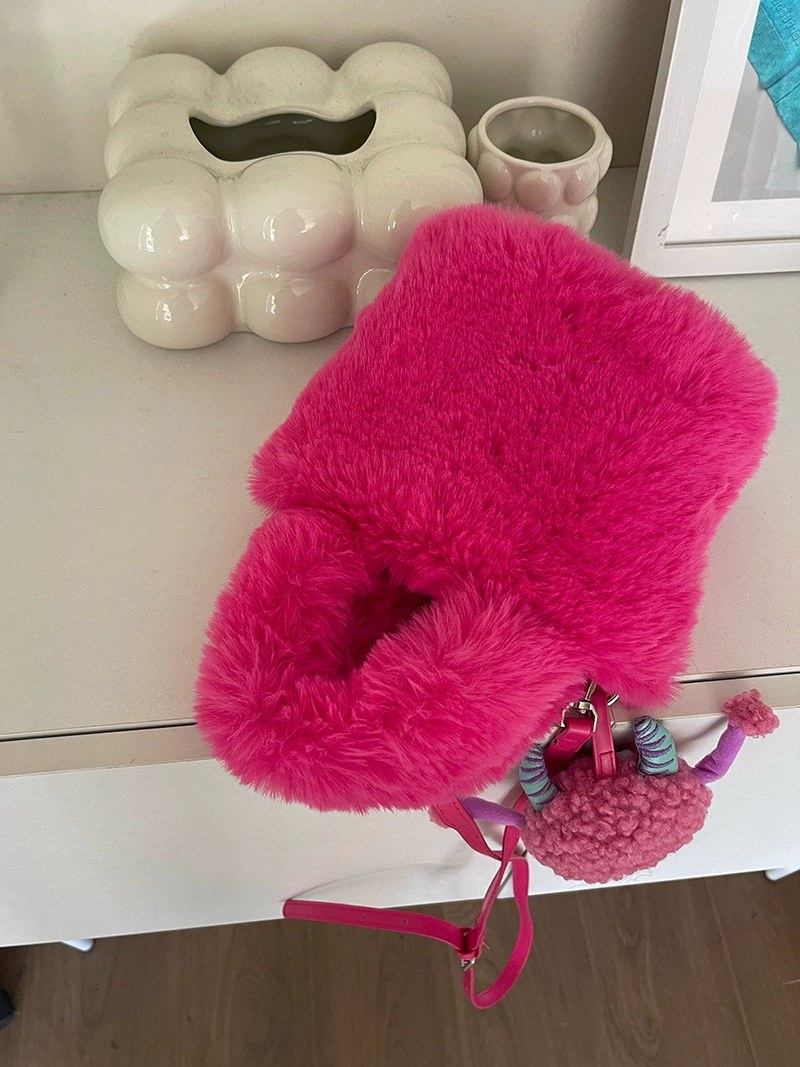 Red Plush Faux Fur Bucket Bag view 5