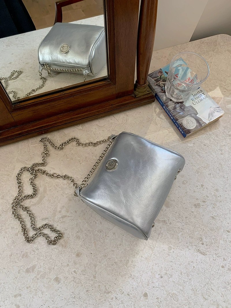 Silver PU Leather Quilted Chain Bag view 3