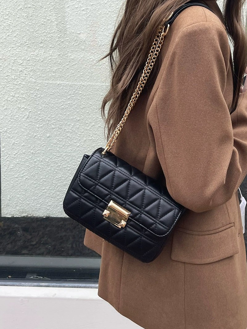 Black PU Leather Quilted Chain Bag view 3