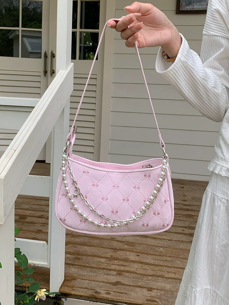 Pearl-Embellished PU Quilted Chain Bag view 2