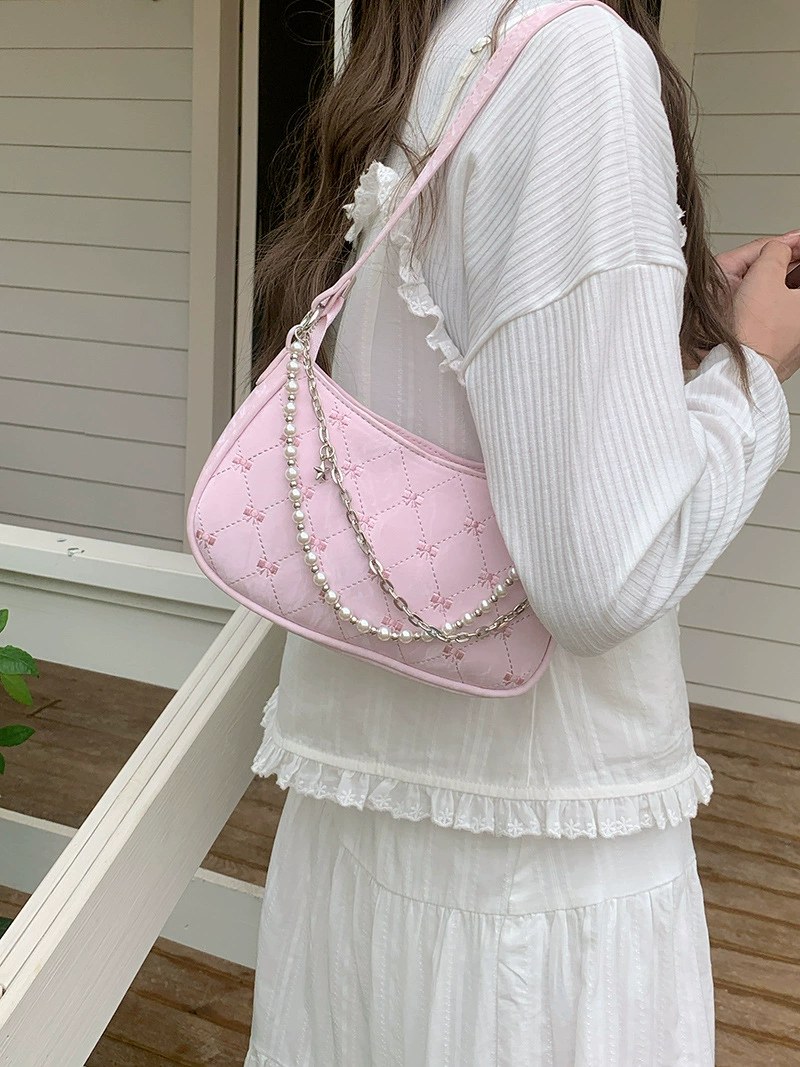 Pearl-Embellished PU Quilted Chain Bag view 3
