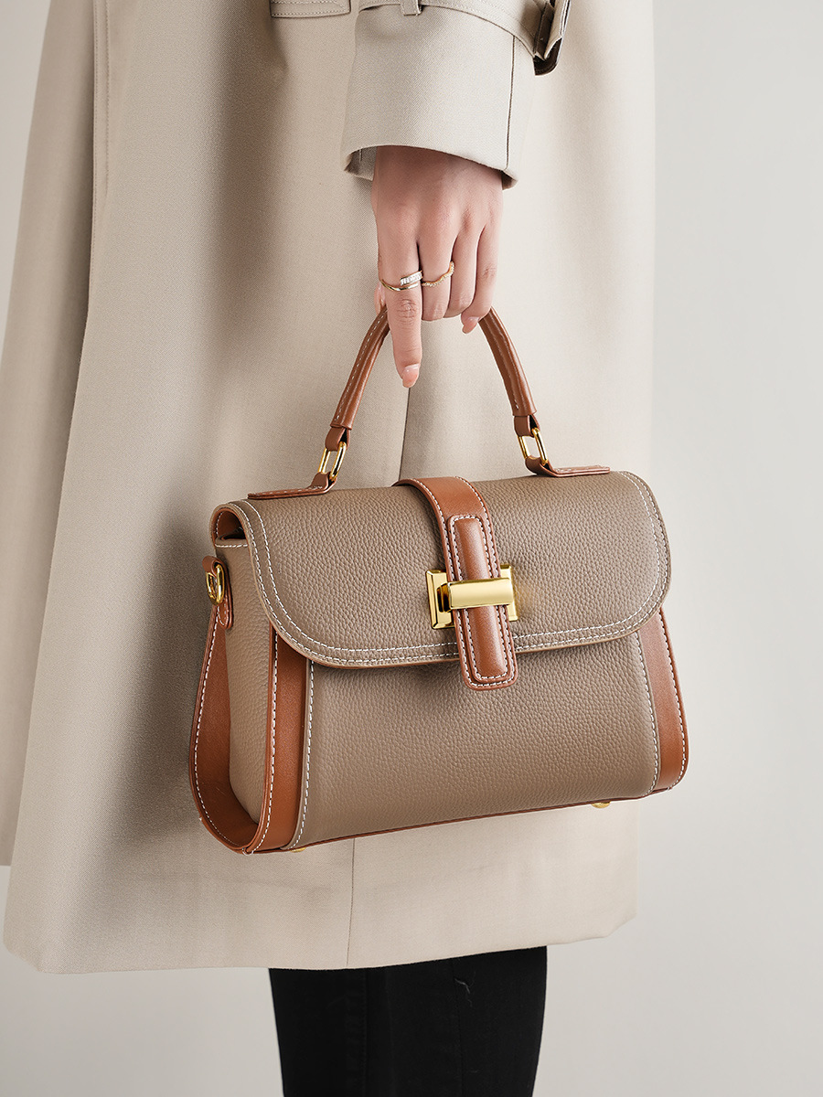 YY-SHO-008 premium cowhide top-handle shoulder bag in elephant grey — wholesale premium shoulder bag YANYAN