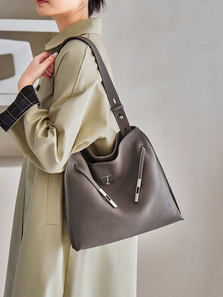 YY-TOT-019 heavy TC cowhide tall Kelly tote in grey — wholesale designer Kelly tote manufacturer YANYAN