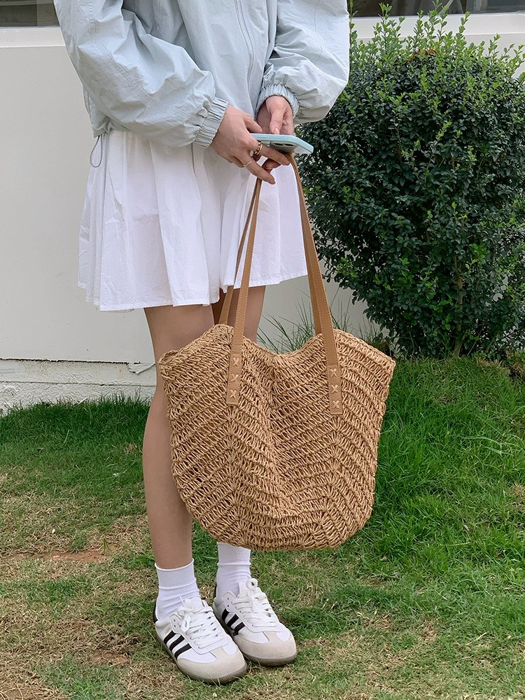 Red Woven Synthetic Tote Bag view 2